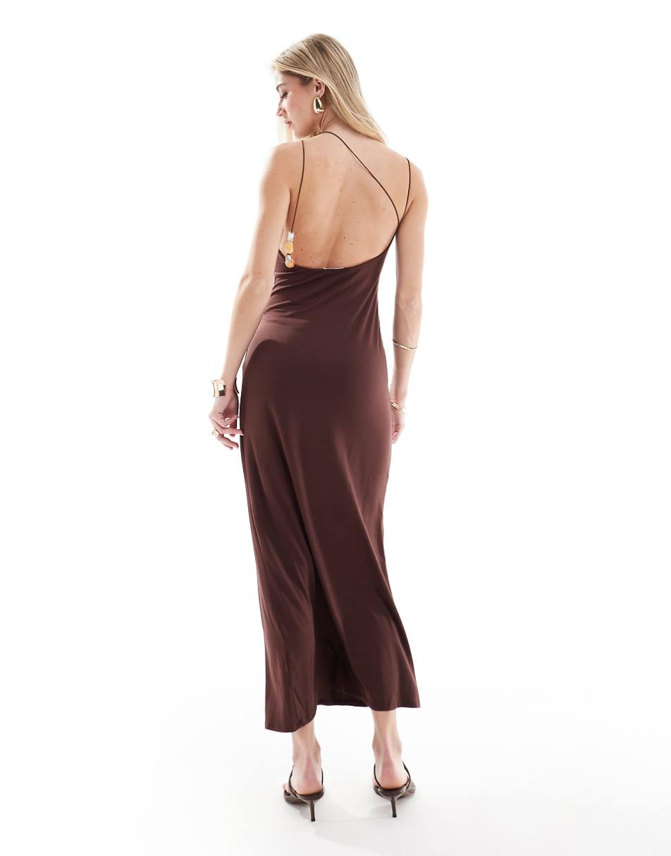 ASOS DESIGN modal beaded strappy midi dress in chocolate