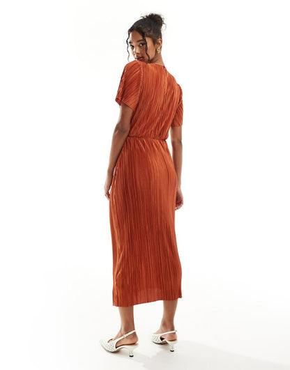 ASOS DESIGN plisse short sleeve twist skirt midi dress in rust