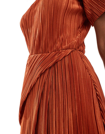 ASOS DESIGN plisse short sleeve twist skirt midi dress in rust