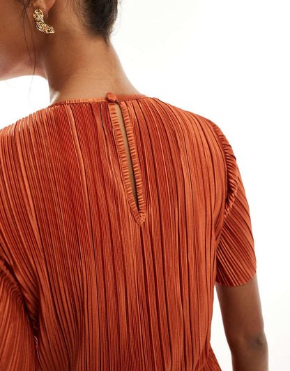 ASOS DESIGN plisse short sleeve twist skirt midi dress in rust