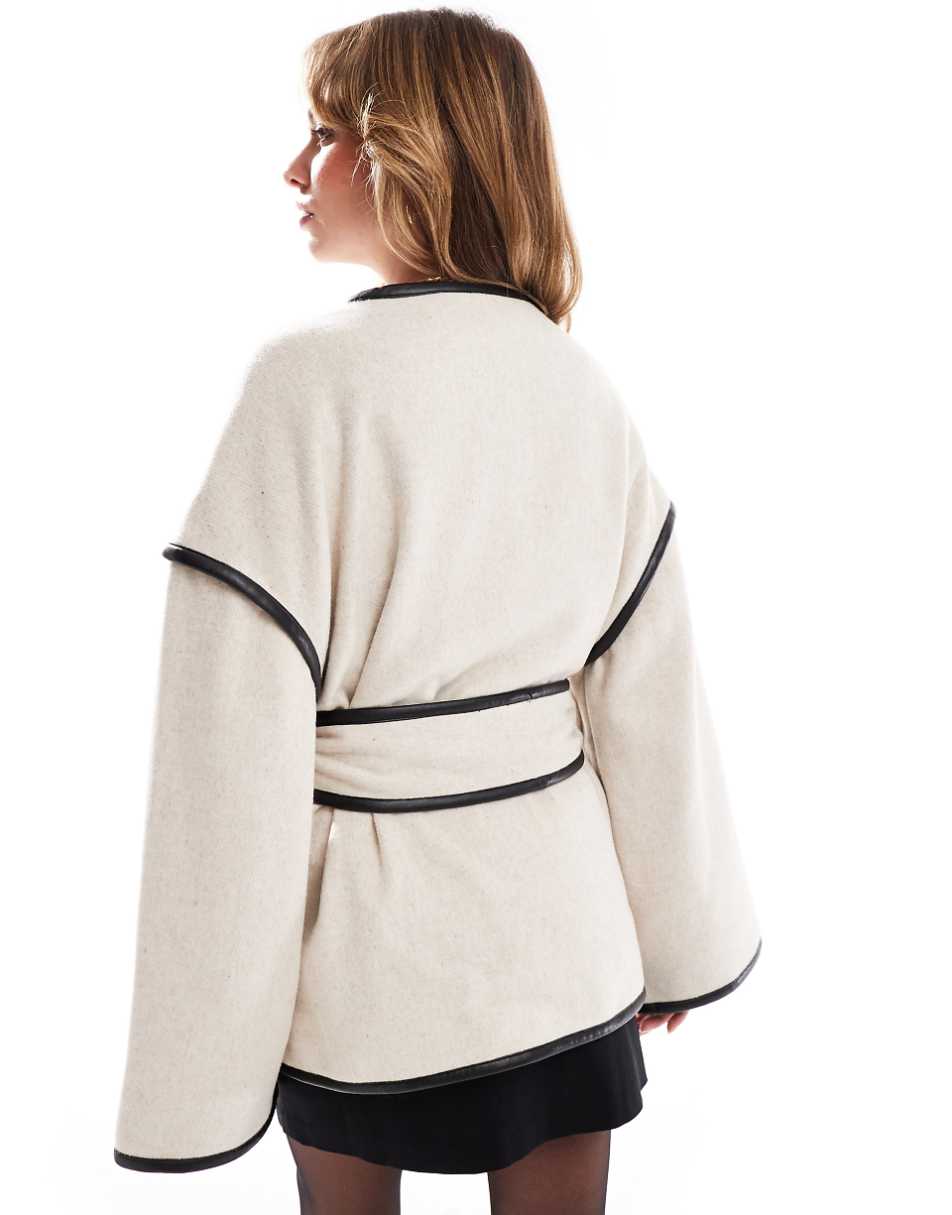 4th & Reckless wool mix contrast edge belted jacket in cream