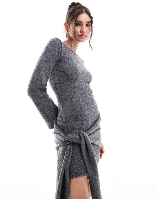 4th & Reckless knit wide sleeve knot detail mini sweater dress in gray