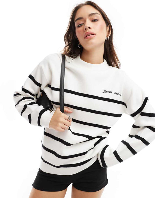 4th & Reckless knitted crew neck sweater in cream stripe