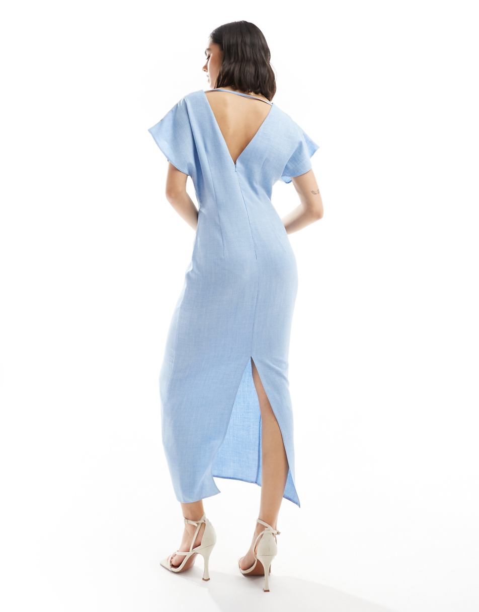 ASOS DESIGN angel sleeve plunge midi dress in blue