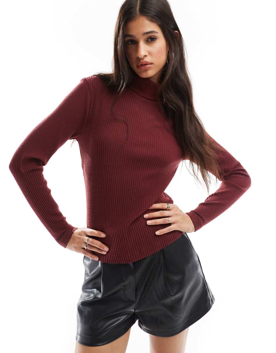 ASOS DESIGN super soft brushed rib roll neck in burgundy