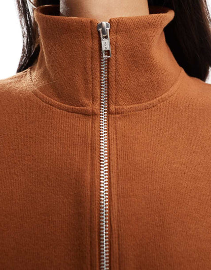 ASOS DESIGN super soft long sleeve boxy crop half zip sweater in tan
