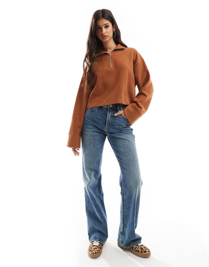 ASOS DESIGN super soft long sleeve boxy crop half zip sweater in tan