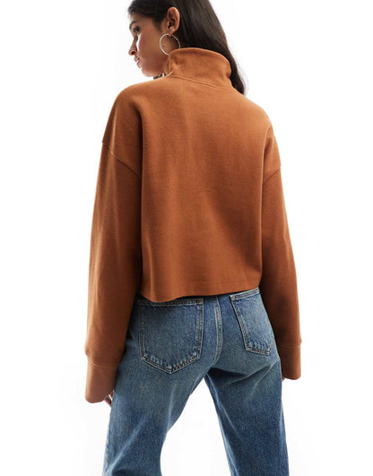 ASOS DESIGN super soft long sleeve boxy crop half zip sweater in tan