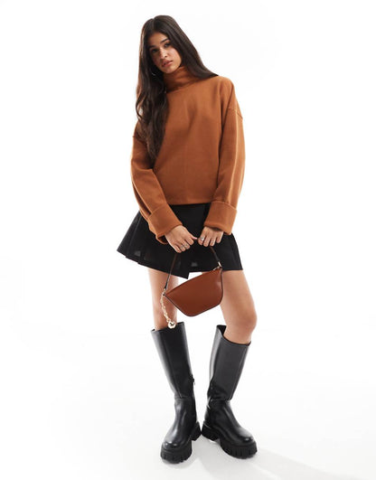 ASOS DESIGN super soft roll neck sweater with cuff detail in mocha
