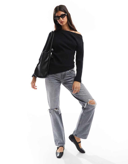 ASOS DESIGN supersoft ribbed one shoulder long sleeve top in black