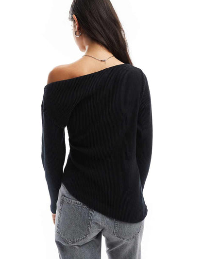 ASOS DESIGN supersoft ribbed one shoulder long sleeve top in black
