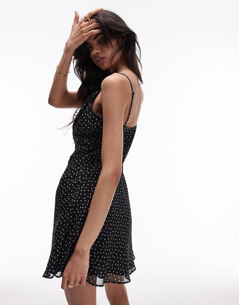 Topshop ruched bust mini slip dress in mono spot