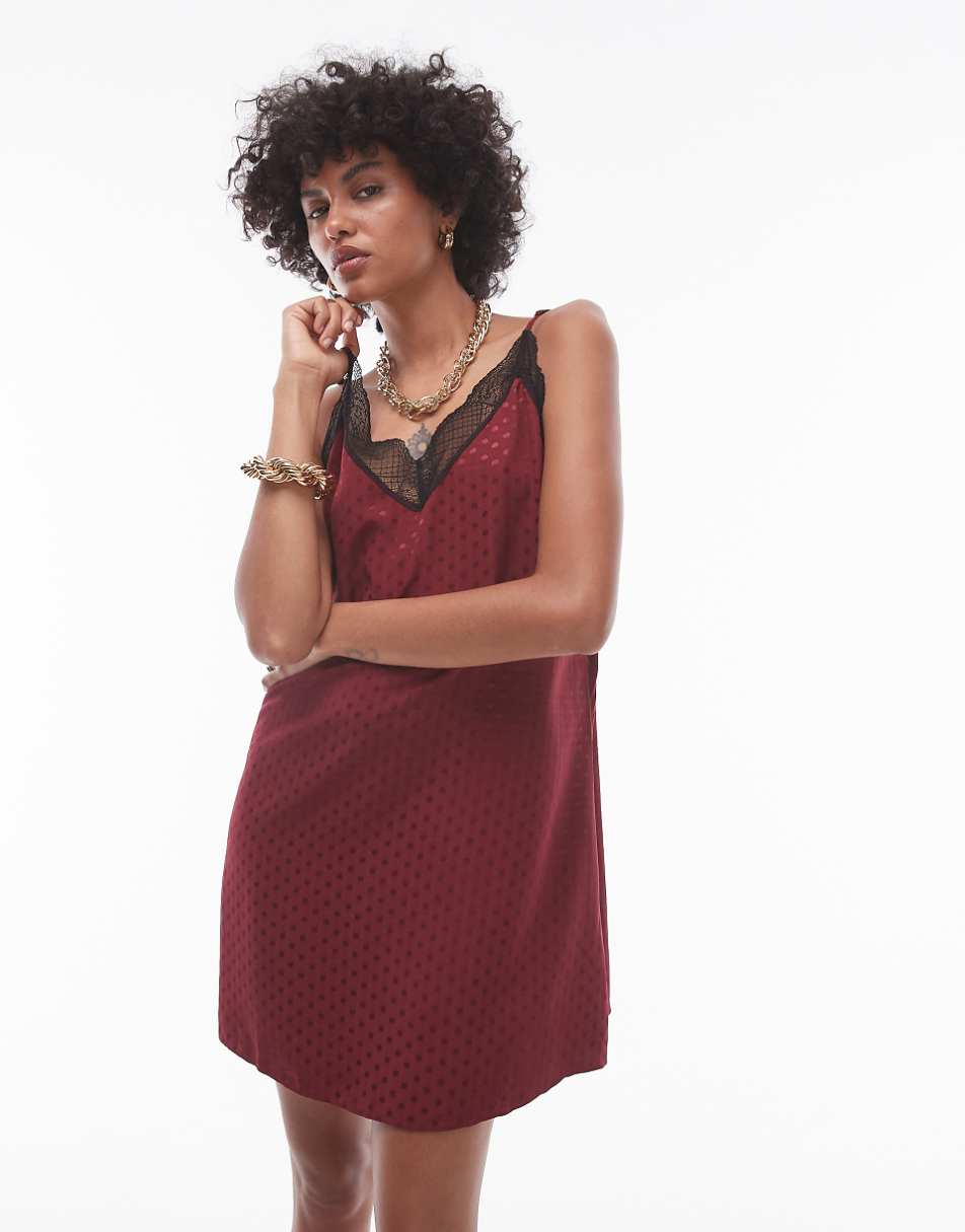 Topshop jacquard lace trim mini slip dress in burgundy