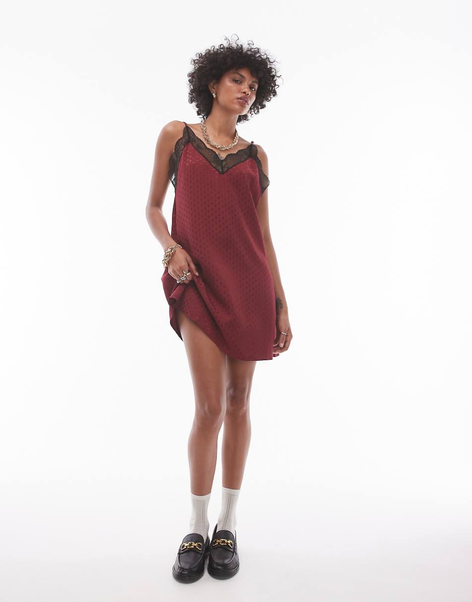 Topshop jacquard lace trim mini slip dress in burgundy