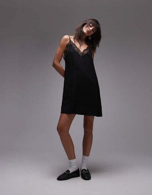 Topshop jacquard spot lace trim mini slip dress in black