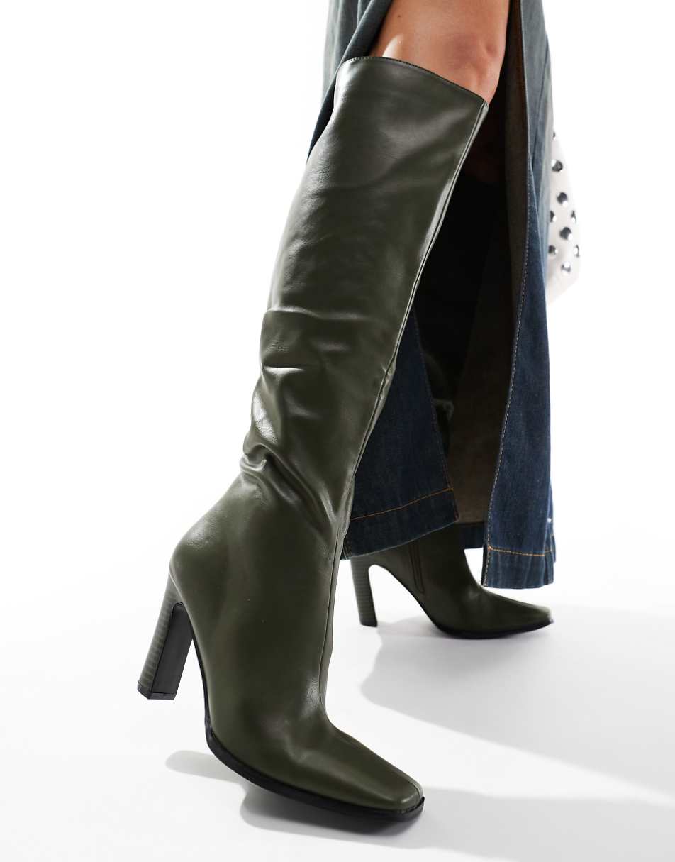 Public Desire Acquilla heeled knee boots with square toe in olive PU