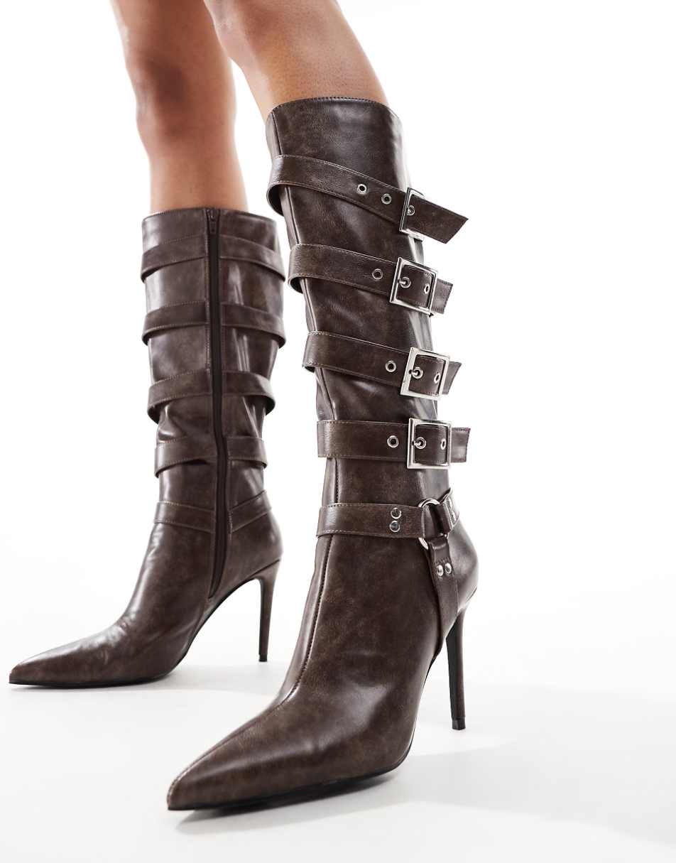 Public Desire Eugenia multi buckle pointed knee boots in brown distressed PU