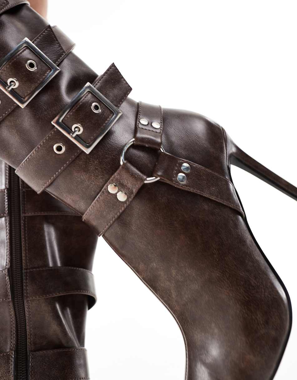 Public Desire Eugenia multi buckle pointed knee boots in brown distressed PU