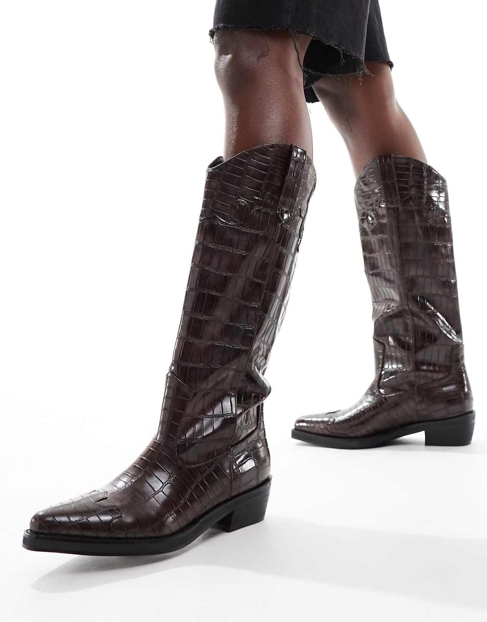 Public Desire Apollo western knee boots in brown croc