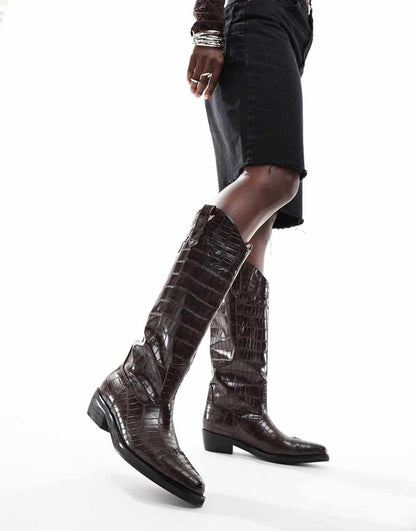 Public Desire Apollo western knee boots in brown croc