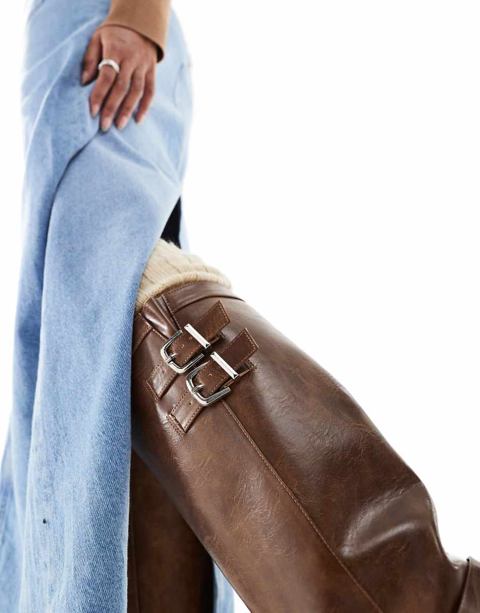 Public Desire Sirus flat harness knee boots in tan