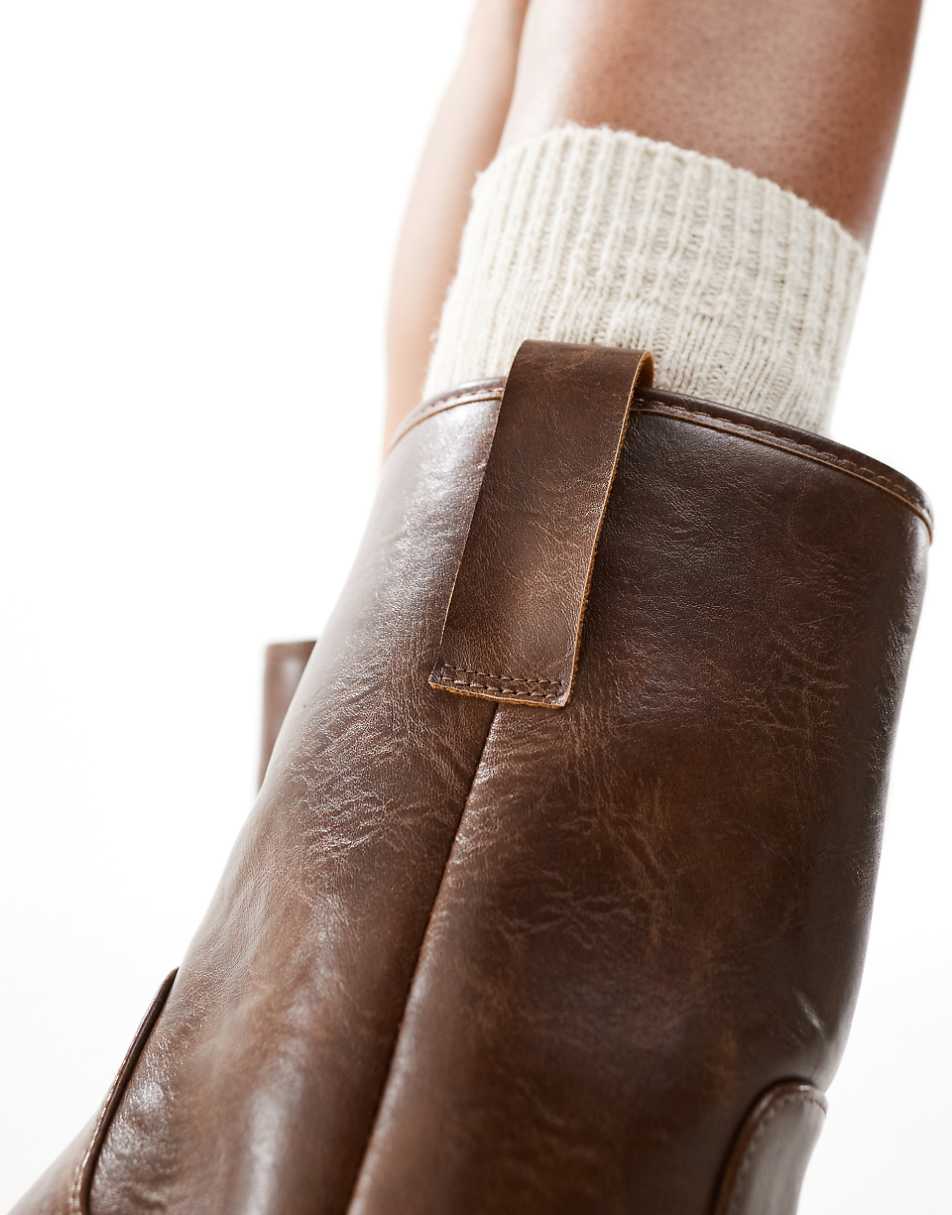 Public Desire Loki square toe heeled ankle boots in brown