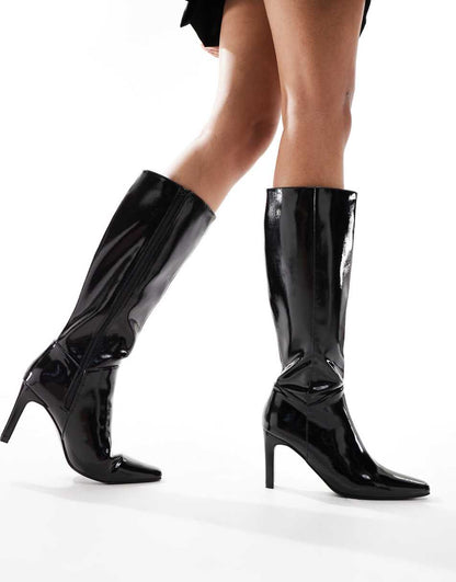 Public Desire Pose heeled knee boots in black patent