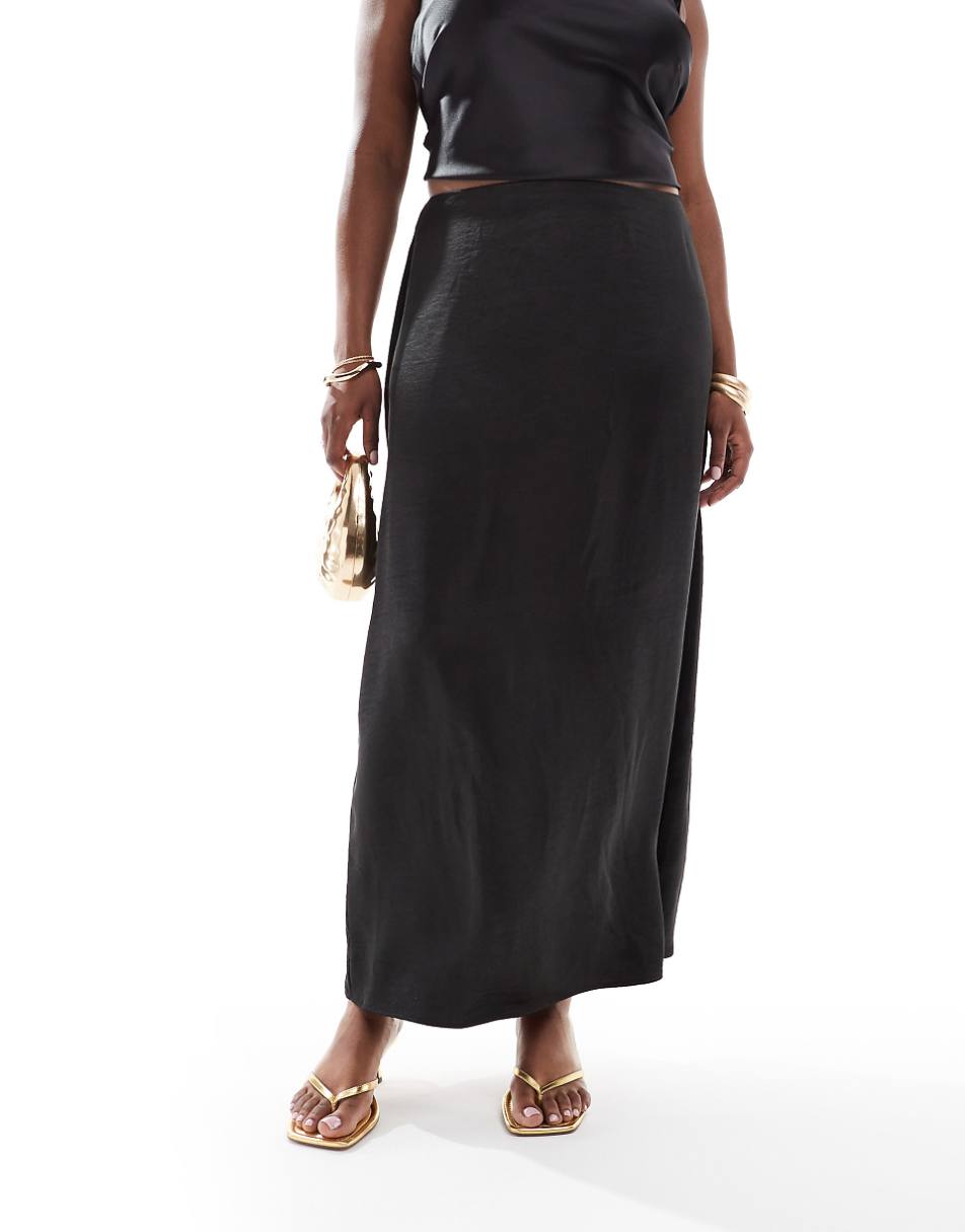 4th & Reckless Plus Exclusive satin back slit maxi skirt in black