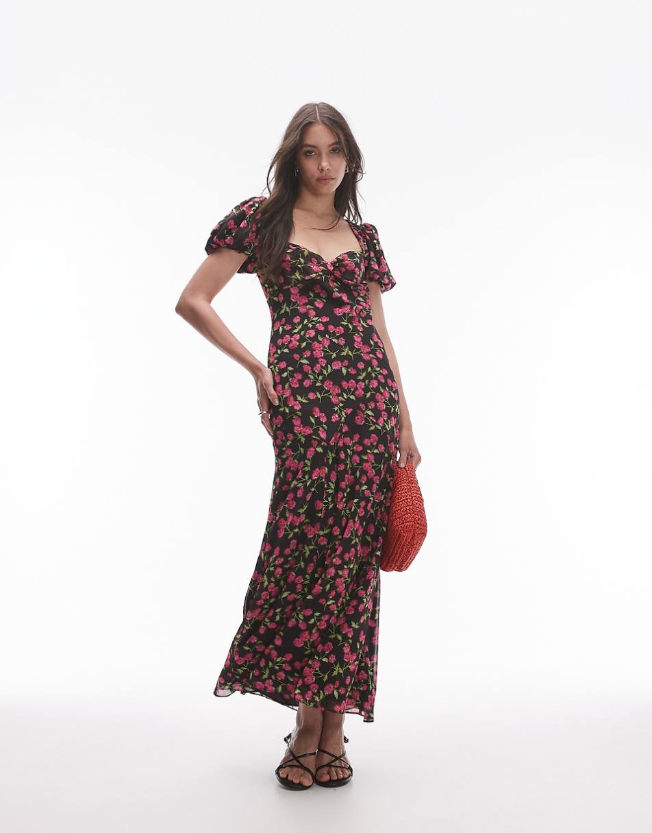 Topshop ruched sleeve occasion dress in red floral print