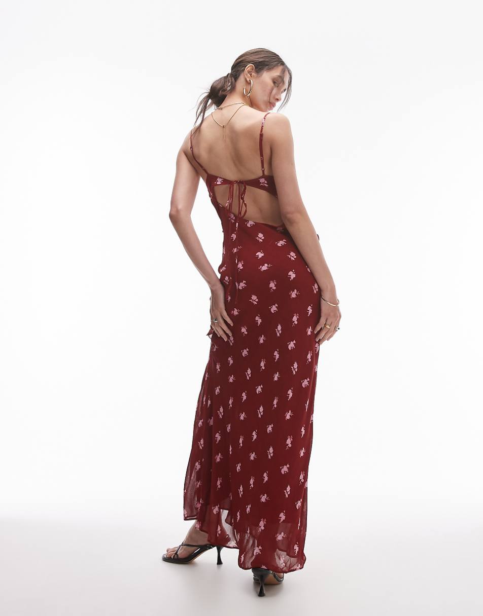 Topshop sheer drape midi dress in burgundy