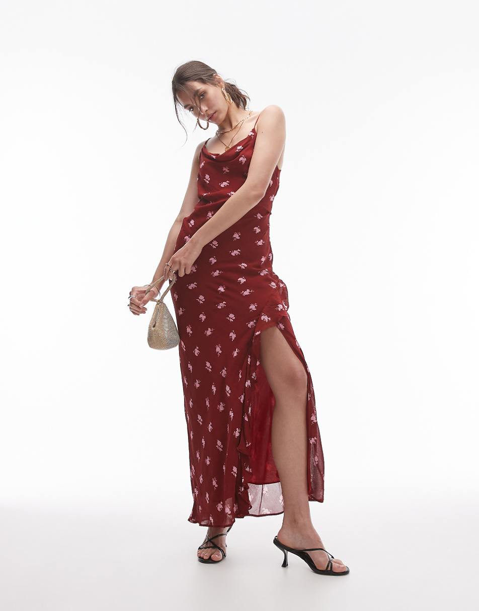 Topshop sheer drape midi dress in burgundy