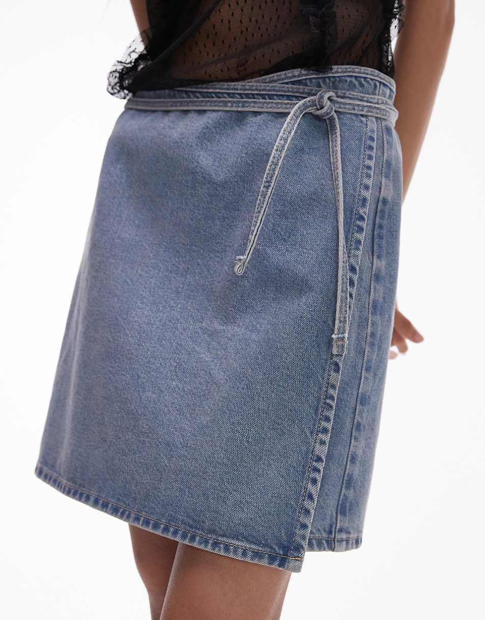 Topshop denim mini wrap skirt in bleach