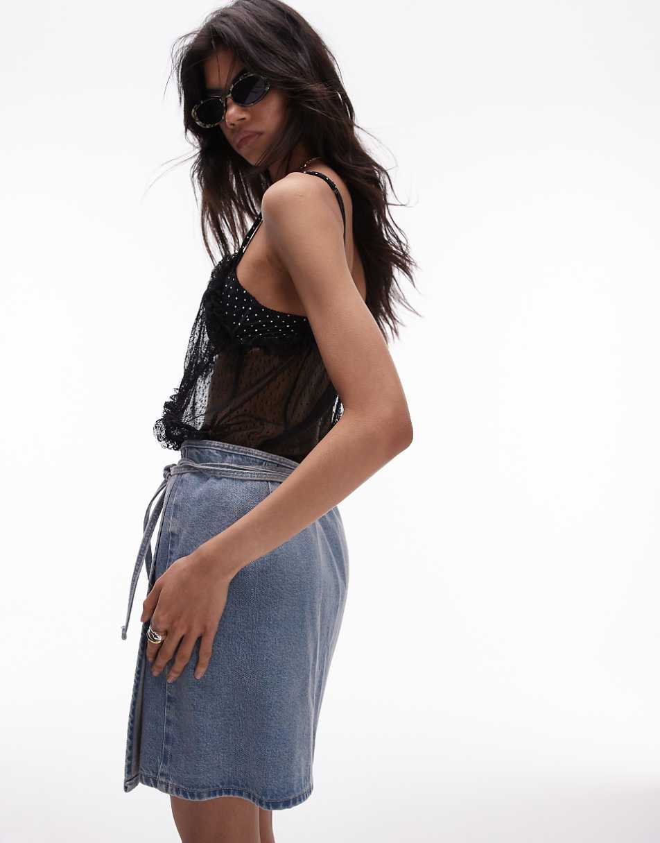 Topshop denim mini wrap skirt in bleach