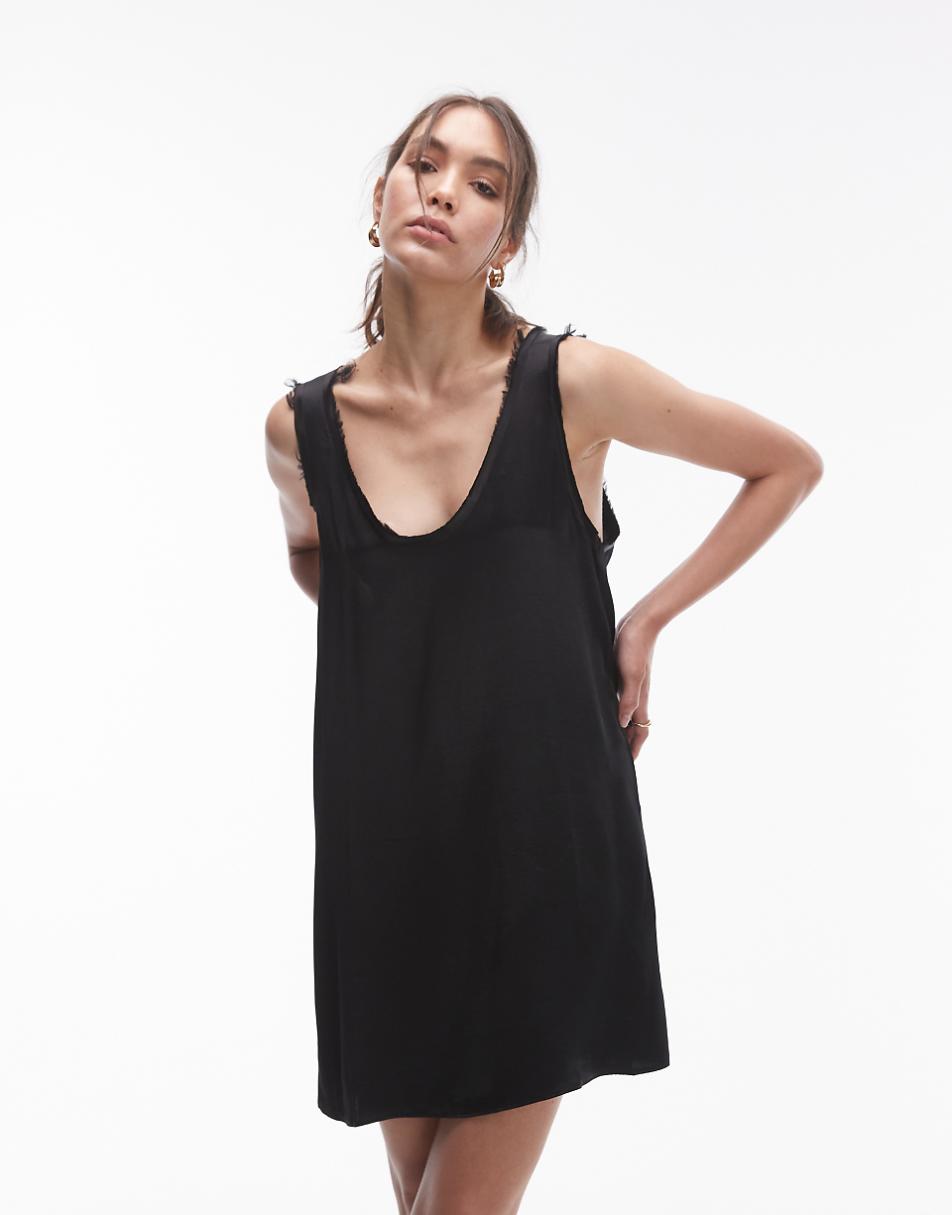 Topshop low V mini dress with raw edge in black