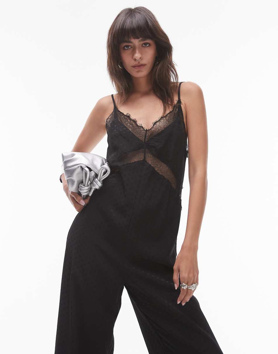 Topshop midi jacquard jumpsuit with lace bust in black