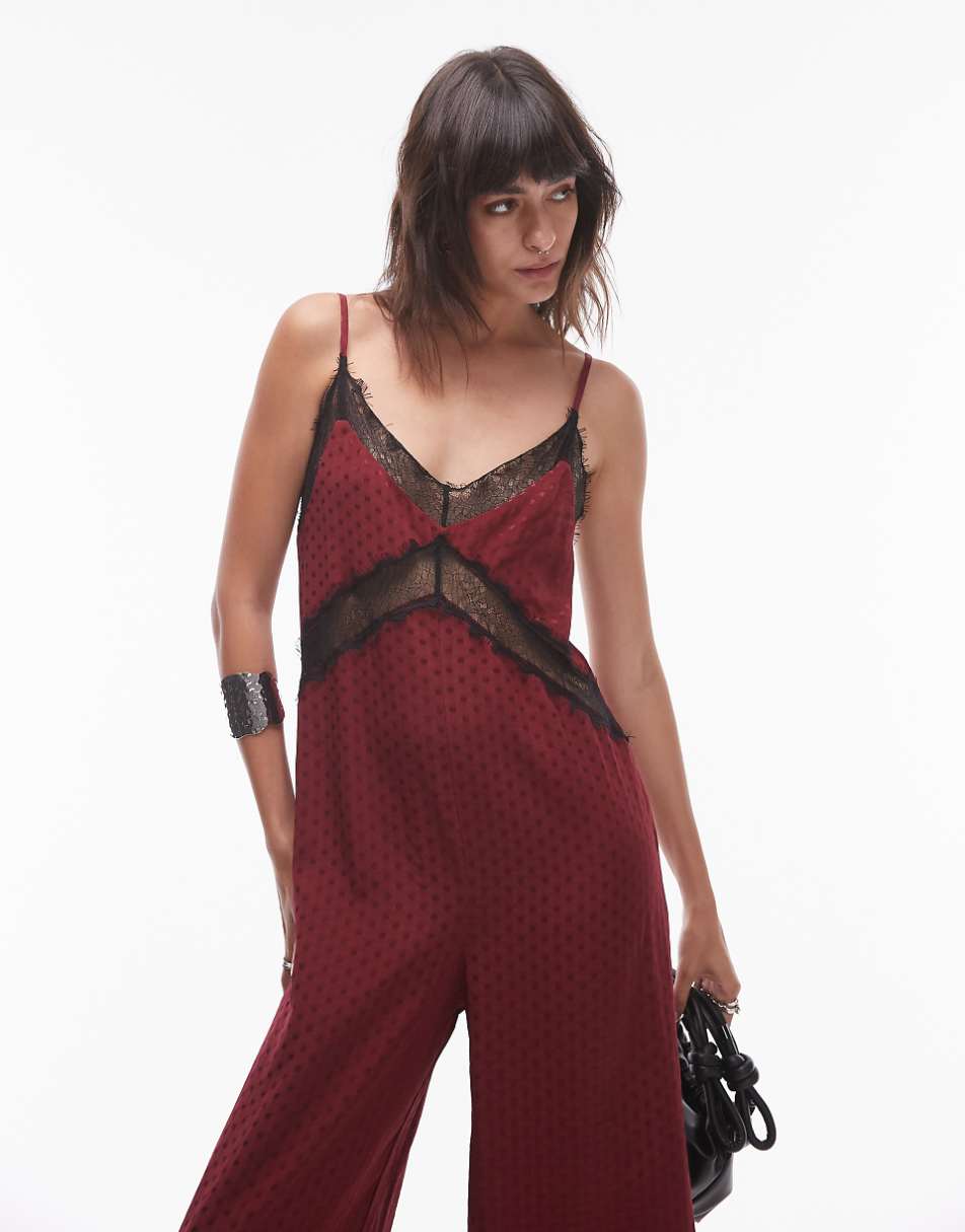 Topshop midi jacquard jumpsuit in burgundy with black lace bust