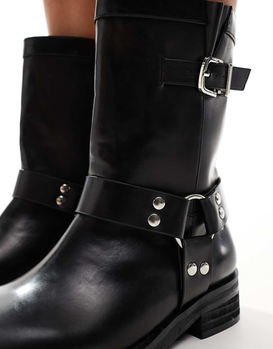 Public Desire Stallion Wide Fit square toe flat ankle boots with harness in black