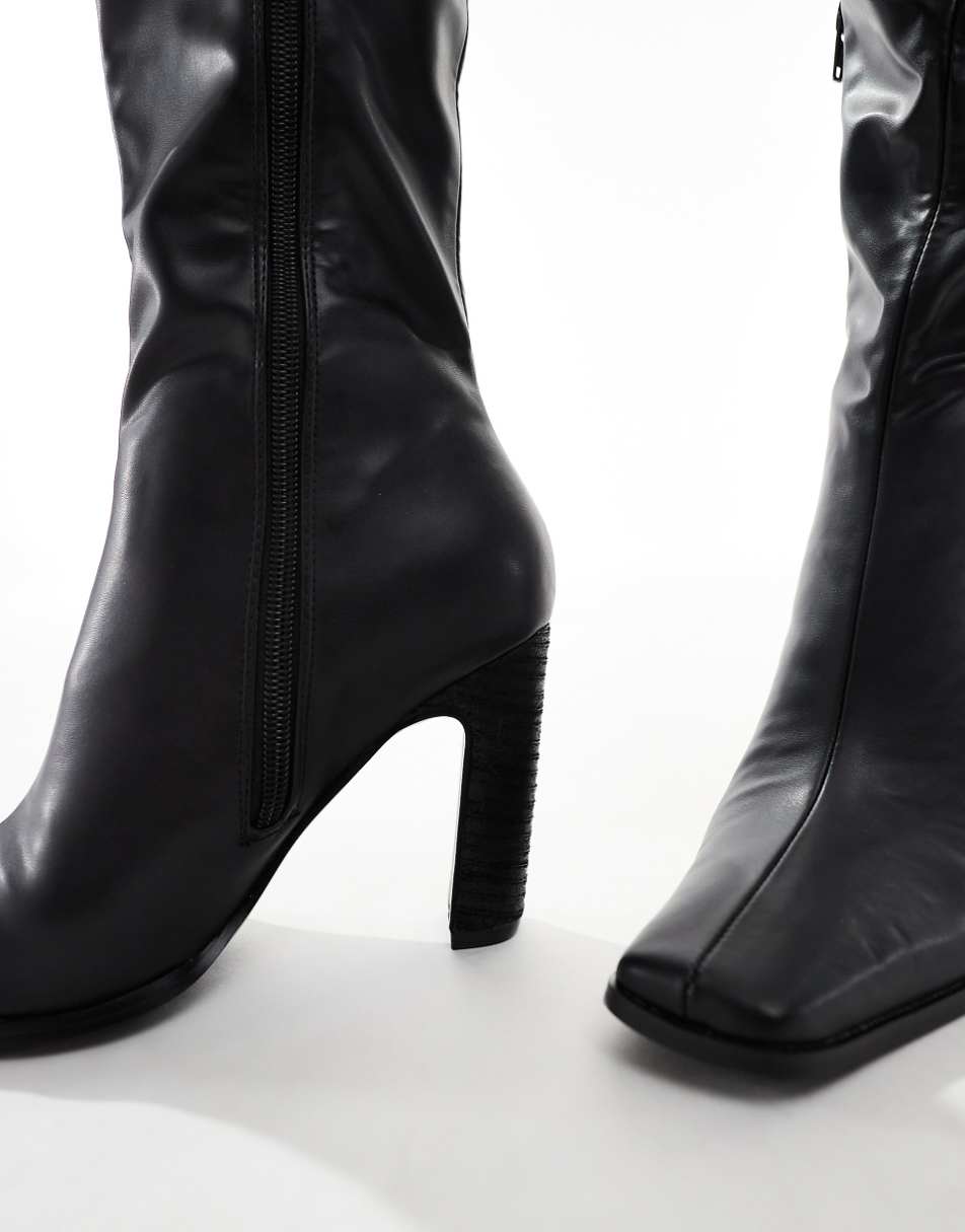 Public Desire AcquillaWide Fit  heeled knee boots with square toe in black PU