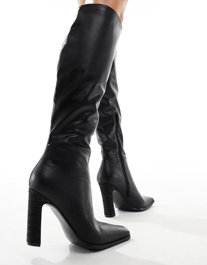 Public Desire AcquillaWide Fit  heeled knee boots with square toe in black PU