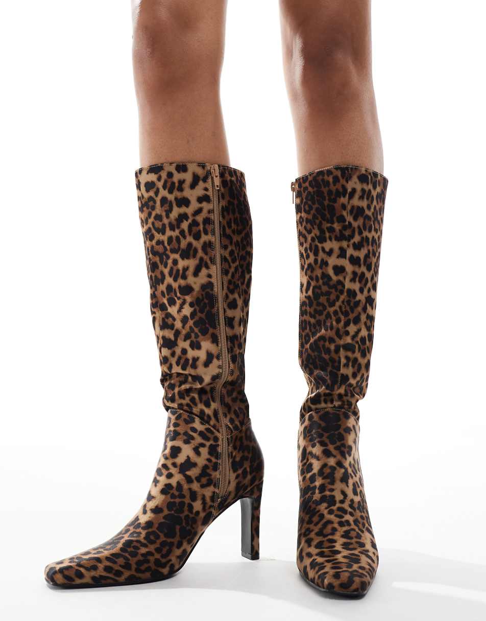 Public Desire Pose Wide Fit heeled knee boots in leopard