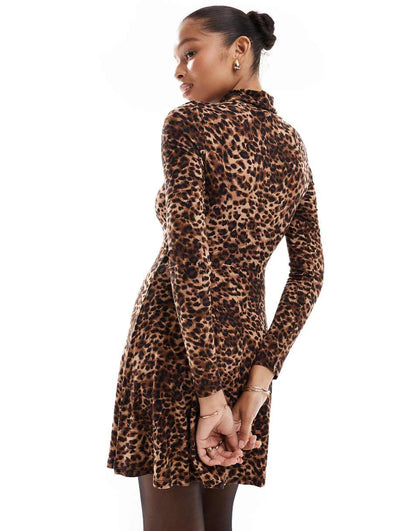 Miss Selfridge fit and flare turtleneck mini dress in leopard print