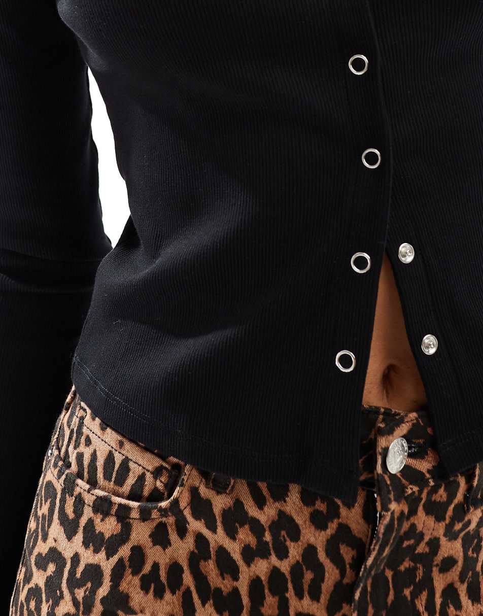 Miss Selfridge button through rib shirt in black