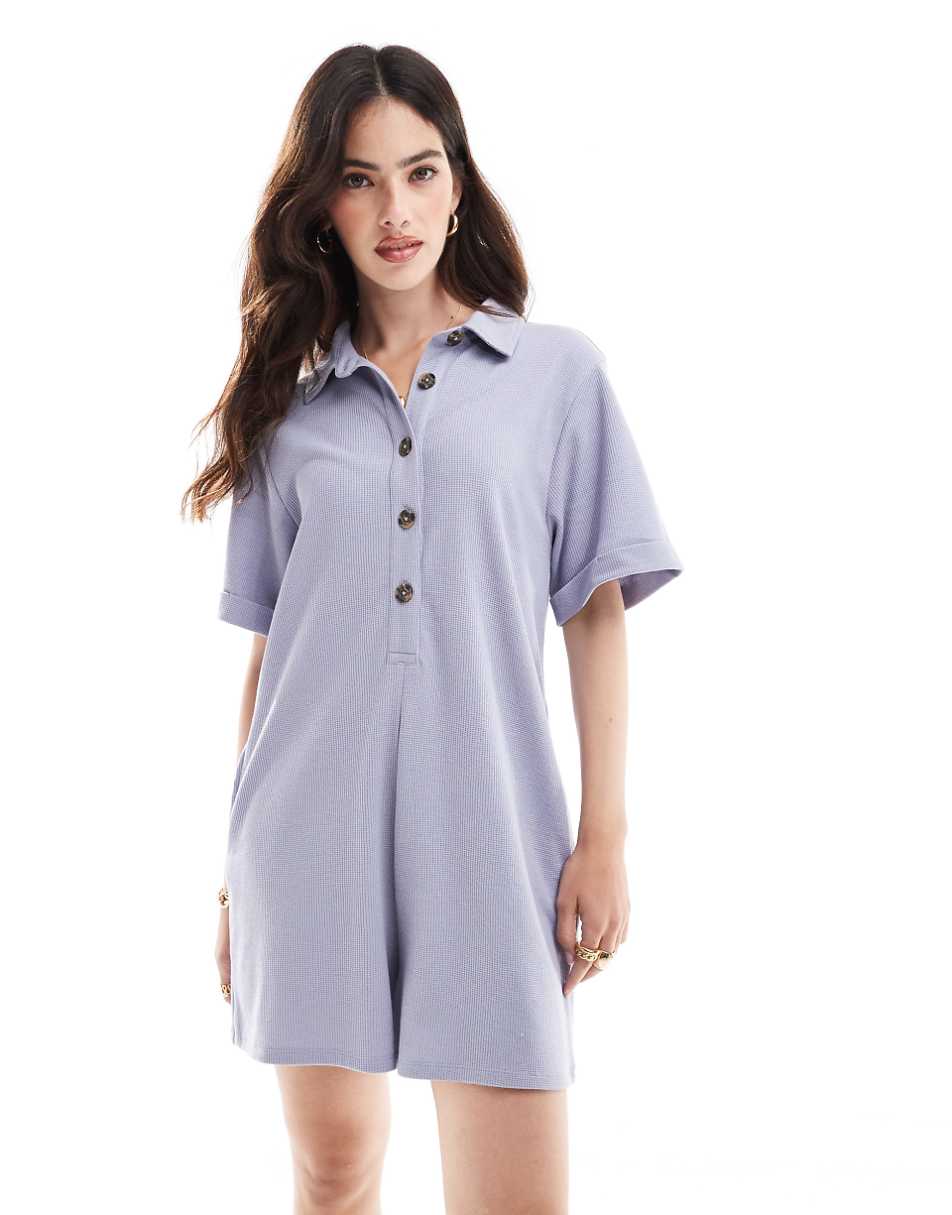 ASOS DESIGN boxy romper with shirt collar and half button placket in lilac