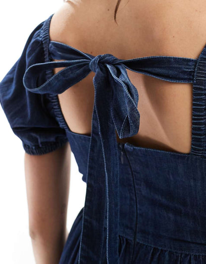 Miss Selfridge puff sleeve denim mini dress in blue wash