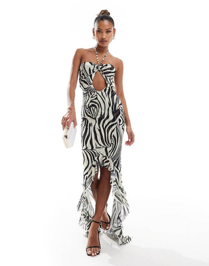 Murci Exclusive mesh halterneck keyhole detail high/low hem maxi dress in zebra print