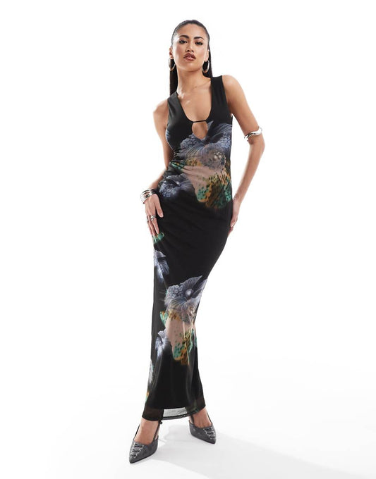 ASOS DESIGN mesh keyhole maxi dress in abstract animal and floral print