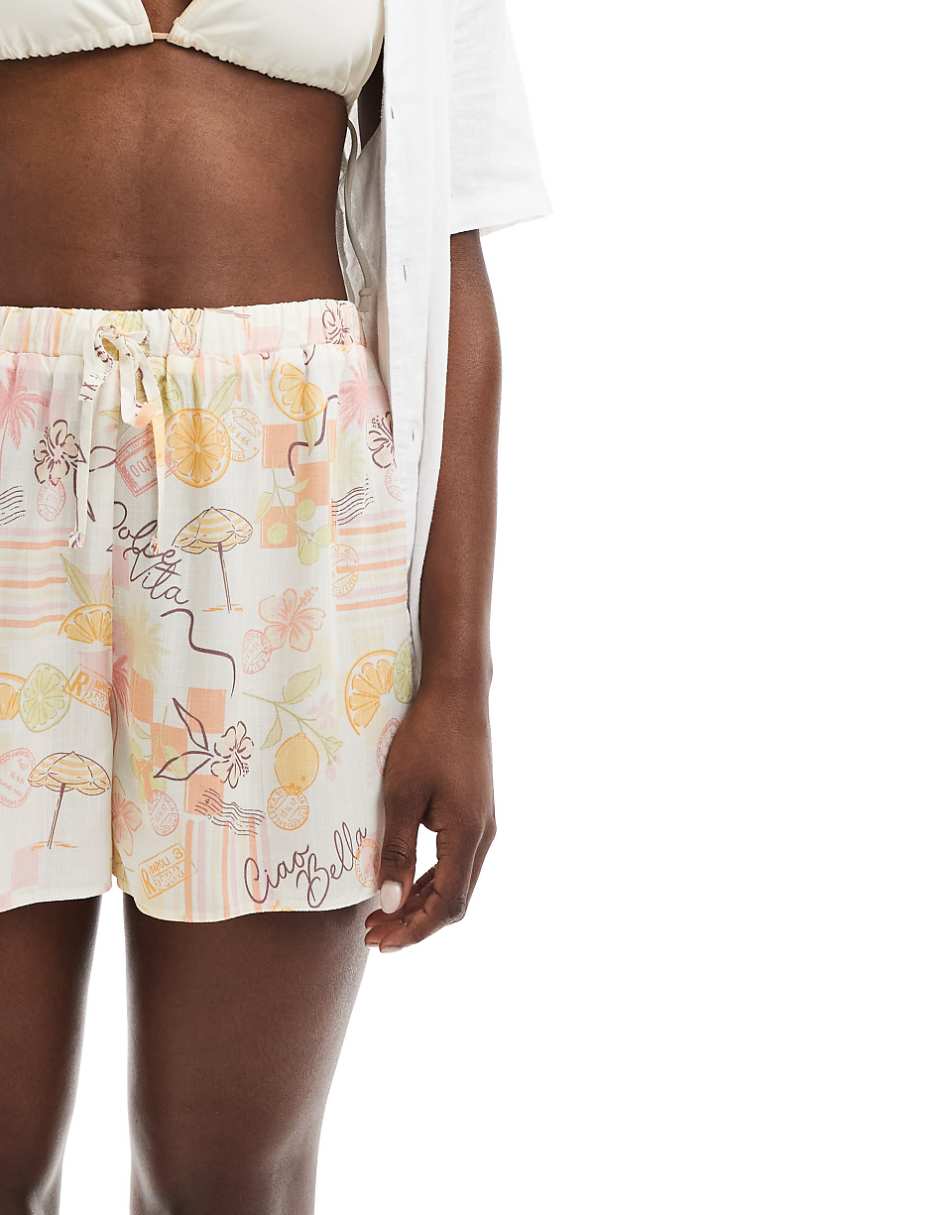 Miss Selfridge linen look pull on shorts in postcard print