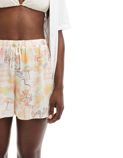 Miss Selfridge linen look pull on shorts in postcard print