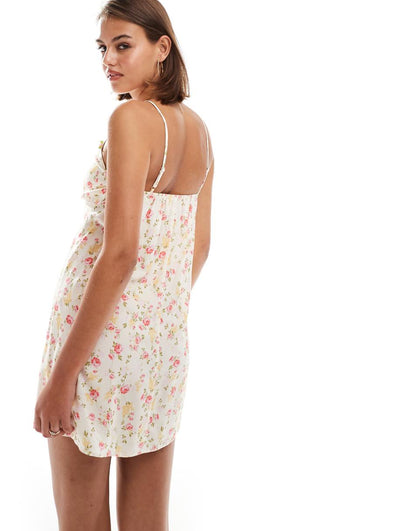 Miss Selfridge ribbon-trim detail strappy mini dress in pink ditsy print