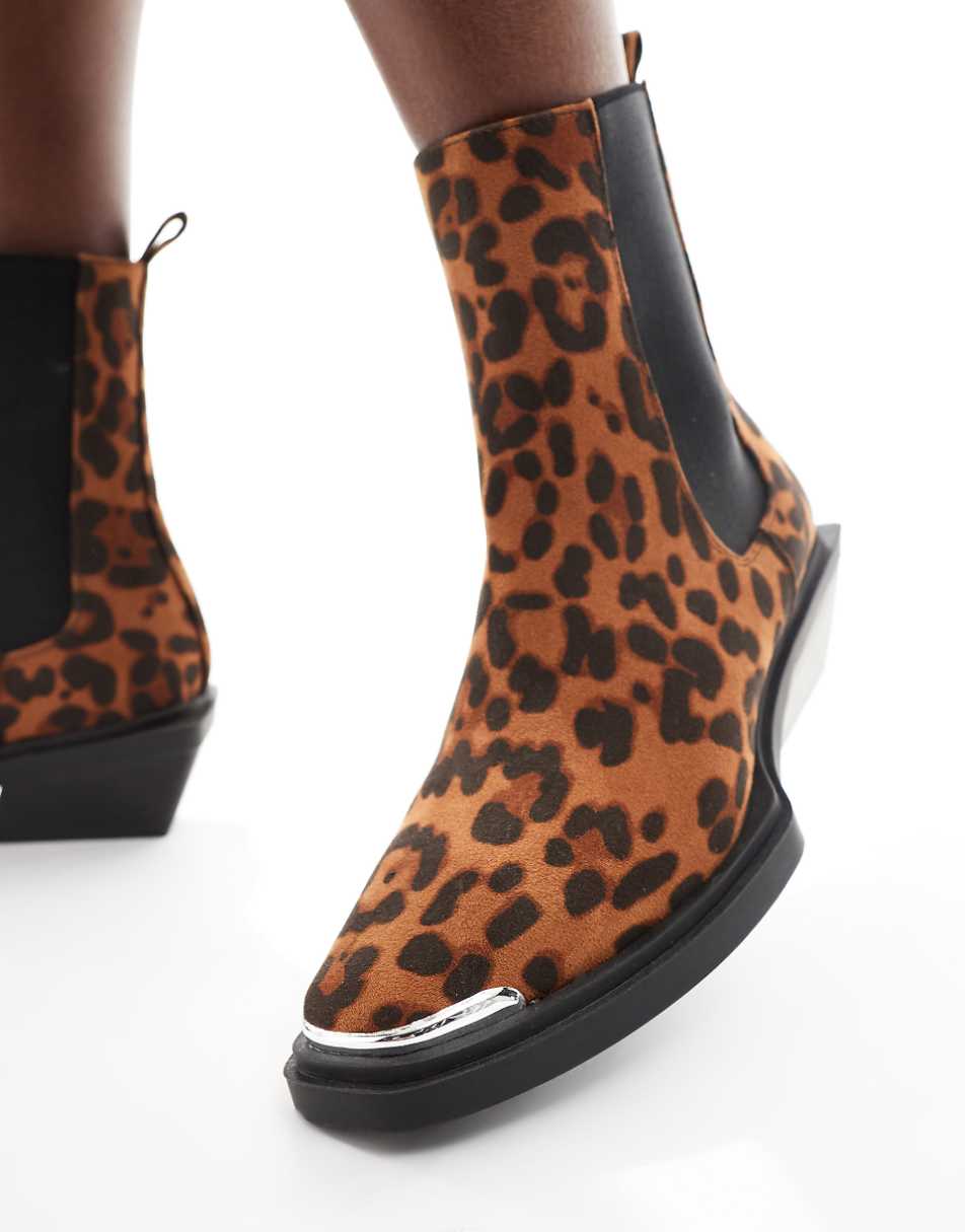 ASOS DESIGN Aruba flat western boots with toe cap detail in leopard